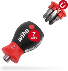 Wiha Schraubendreher Stubby mit Bit Magazin magnetisch (33741) I Schlitz, Kreuzschlitz I mit 6 Bits, 1/4"