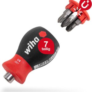 Wiha Schraubendreher Stubby mit Bit Magazin magnetisch (33741) I Schlitz, Kreuzschlitz I mit 6 Bits, 1/4"