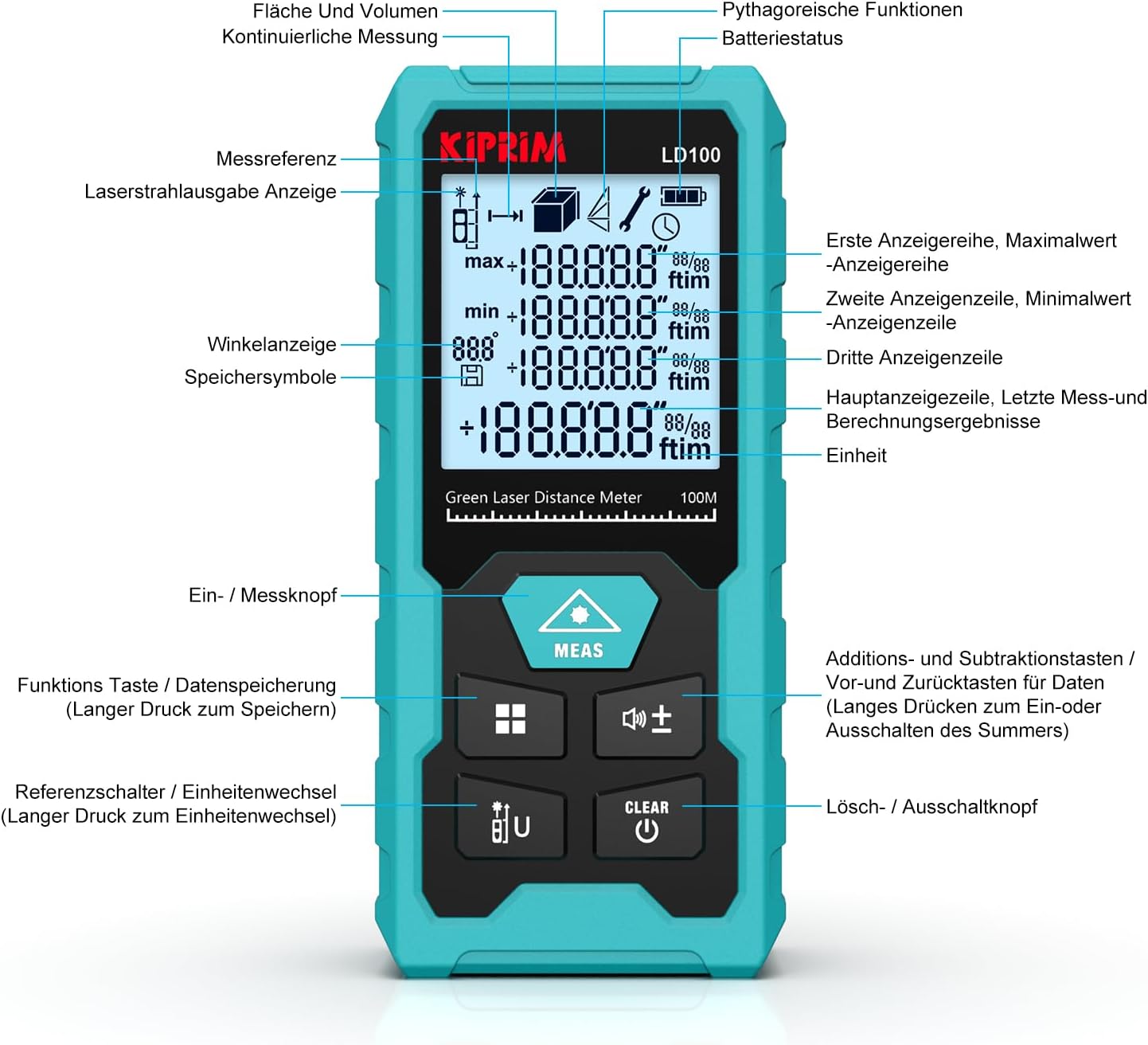 Kiprim Laser-Entfernungsmesser Grün, 100 m Digitales Messgerät mit USB-Typ-C-Akku, ±2 mm Genauigkeit, Elektronische Libelle, 10 Messmodi, Klasse II Laser, Reflektorplatte, LD100 – Bild 3