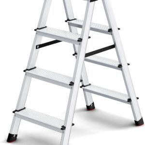 SONGMICS Leiter, Trittleiter, Aluleiter mit 4 rutschfesten Stufen, klappbar, Stehleiter, Mehrzweckleiter, bis 150 kg belastbar, Silbergrau-tintenschwarz GLT014E01