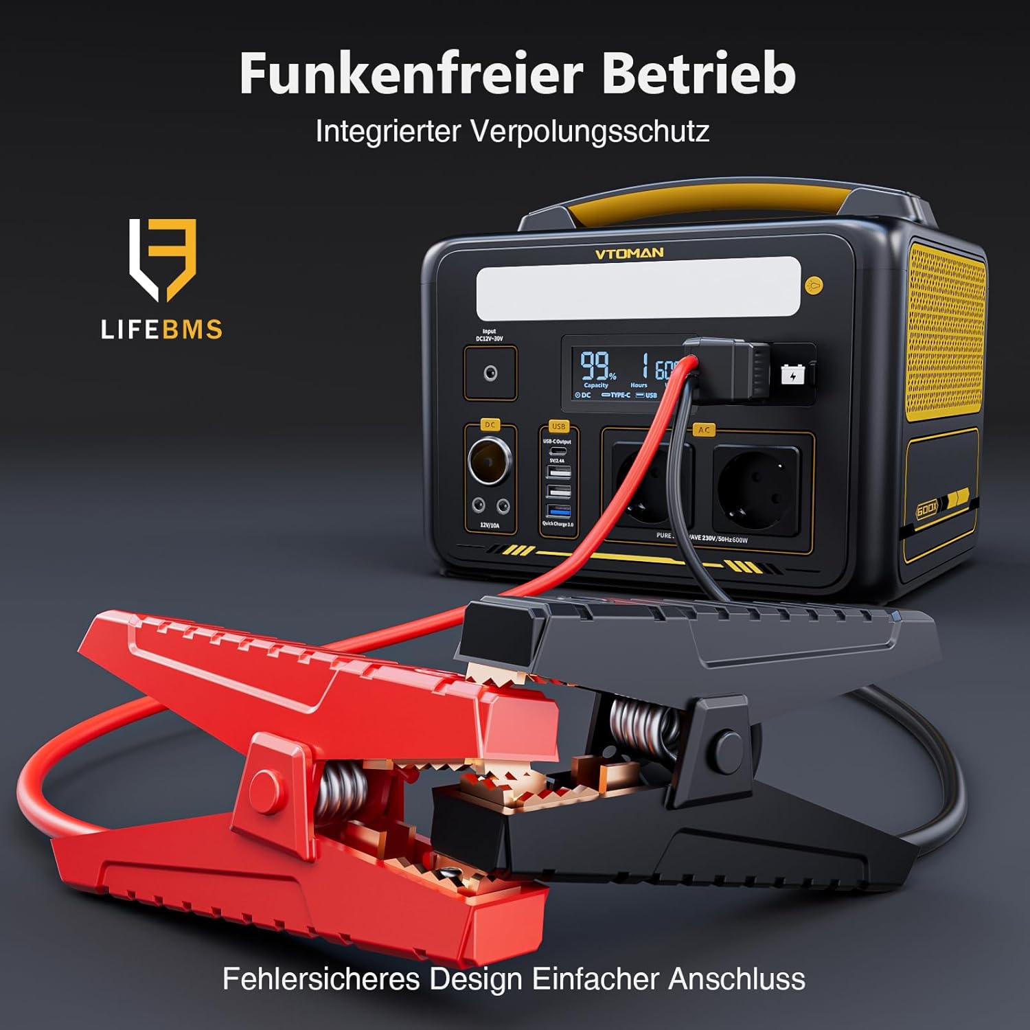 VTOMAN Jump 600X Tragbare Powerstation 600W mit Überbrückungskabel- 299Wh Solar Generator LiFePO4 Akku Stromgenerator Mobile Stromspeicher, Erweiterbare Kapazität für Camping Notfall – Bild 2