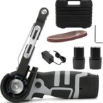 Akku Bandschleifer, Elektrische Bandfeile mit 2 x 1300mAh Akkus, Kabellose Schleifmaschine mit 15 Schleifbänder 10 x 355mm (80-1000 Körnung) 180° Einstellbare Bandschleifmaschine für Holz und Metall