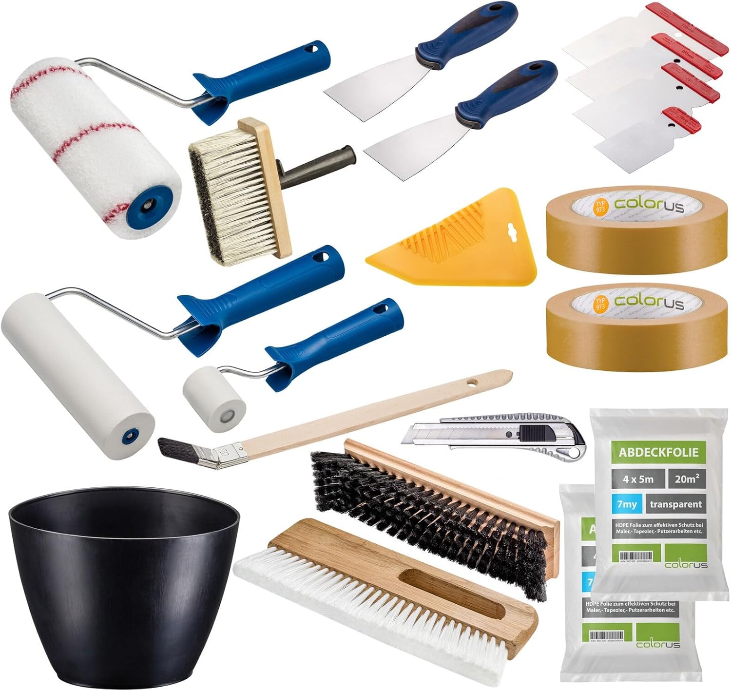 Colorus Profi Tapezier Set 17-teilig | Tapezierwerkzeug Set für Vliestapete Renovierungsset | Cuttermesser Andrückroller Tapezierbürste Deckenbürste Kleisterwalze | Malerwerkzeug Malerbedarf