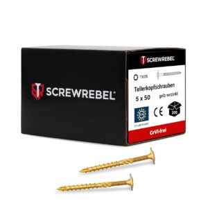 SCREW REBEL® Tellerkopfschrauben 5x50mm – [200 Stück], – Kraftsparend dank Reibteil & Cut-Spitze – selbstschneidend, TX25 Antrieb – Holzbauschrauben mit ETA-Zulassung – CrVI-frei & korrosionsbeständig