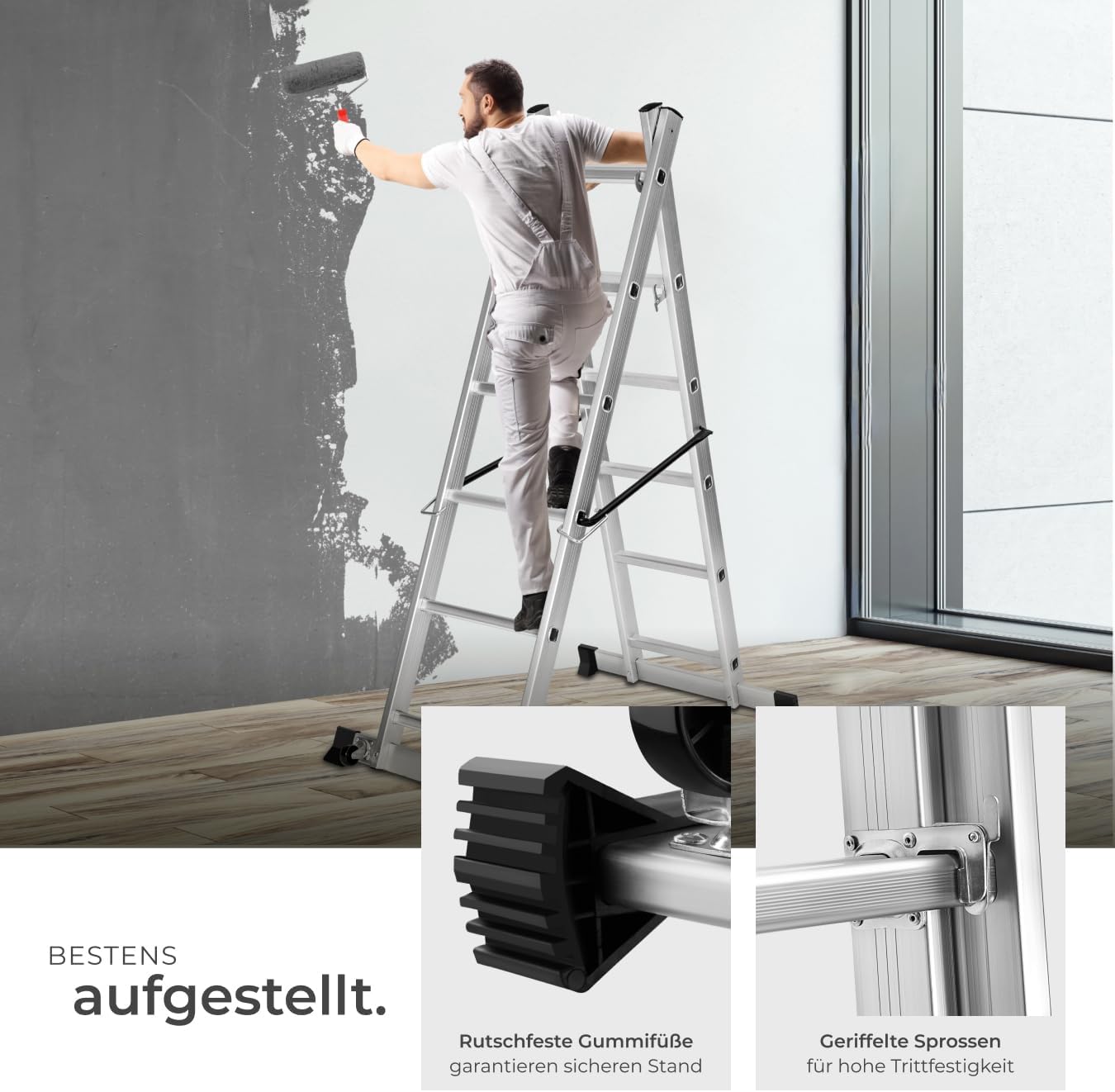 TecTake Gerüst, Leiter 4 in 1, Mobile Mehrzweckleiter, Arbeitsbühne, Baugerüst, Alu Gerüst, Rollgerüst mit Arbeitsplattform, Haushaltsleiter, belastbar bis max. 150 Kg - Silber – Bild 3