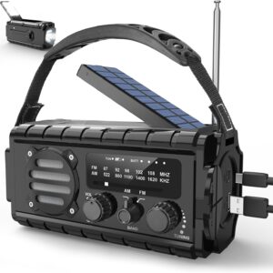 20000mAh Solar Radio, AM/FM Kurbelradio Tragbar Dynamo Wetter Notfallradio, LED Taschenlampe & Leseleuchte, Type-C Aufladen, SOS Alarm, IPX6 für Camping Outdoor(Schwarz)