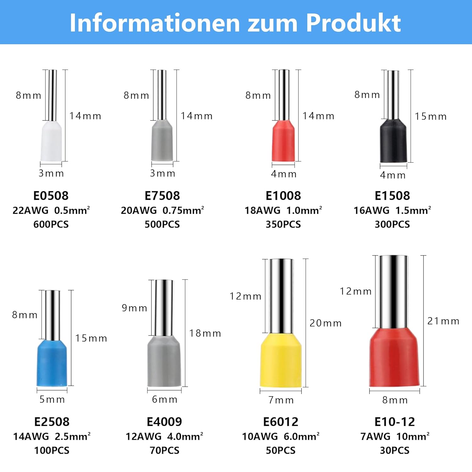 Aderendhülsen Set 2000 Stück, 0,5 mm² - 10 mm² Isolierte Aderendhülsen Sortiment für Drahtverbindung – Bild 2