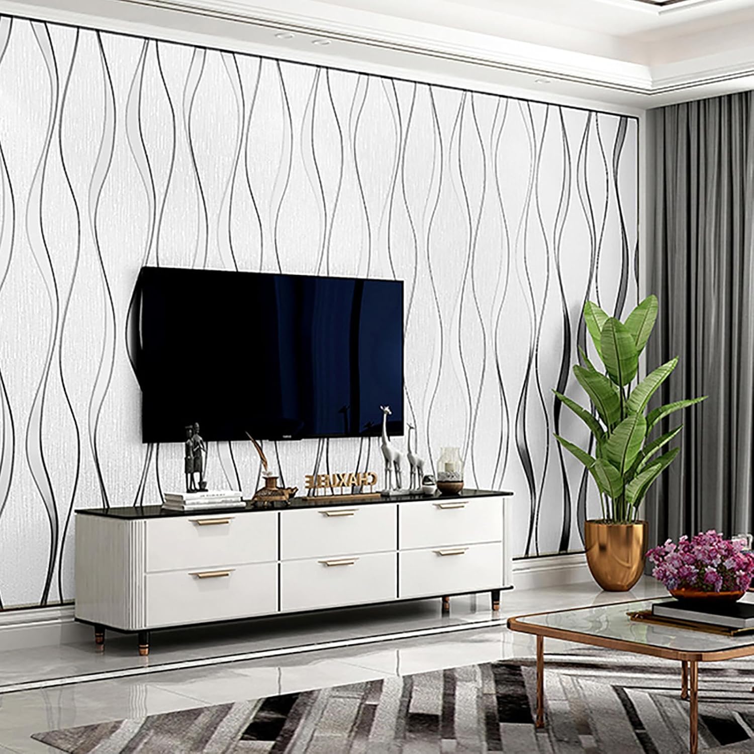Tapeten Vliestapete 3D Effekt Für Schlafzimmer Wohnzimmer 9,5 M X 0,53 M Wanddekoration Tapete Gewellten Streifen Moderne Wallpaper Weiß – Bild 3