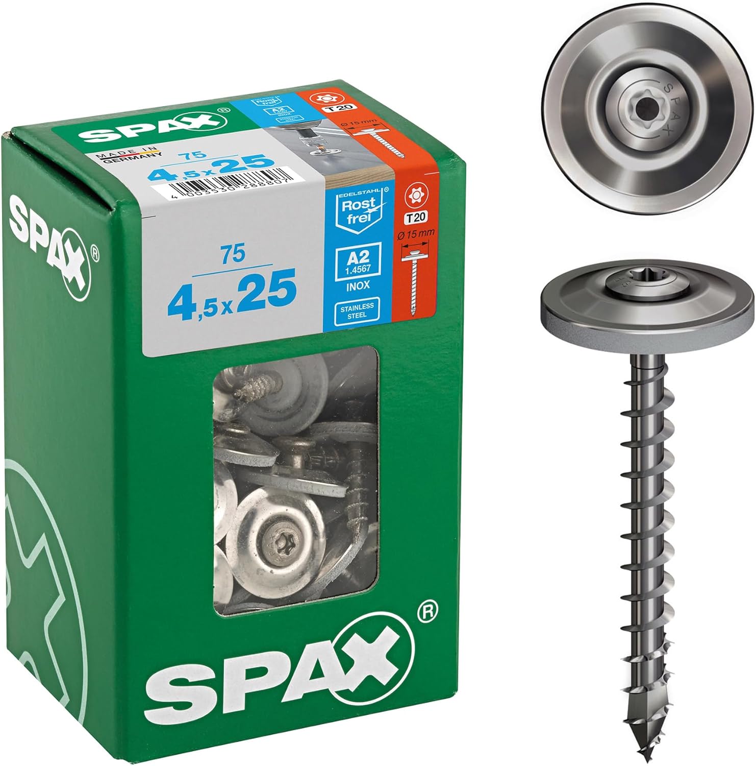 Spenglerschraube, 4,5 x 25 mm, 75 Stück, Vollgewinde, Linsensenkkopf, T-STAR plus T20, 4CUT, Edelstahl rostfrei A2, Dichtscheibe 15mm - 4587000450257