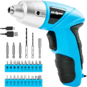 HI-SPEC Kleiner Akkuschrauber in Blau mit wiederaufladbarem 3.6-V-Akku und LED-Licht. 26-teiliges Zubehör – Für jeden Klein oder Groß
