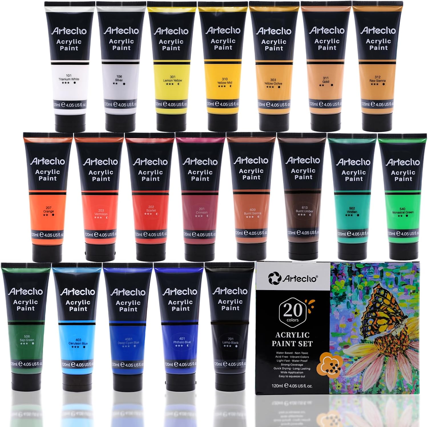 Artecho Acrylfarben Set Professional 20x120 ml, Acrylic Paint Set, Wasserfest und Lichtecht, Schnell Trocknend, Ideal für Leinwand, Holz, Stoff, Handwerk, Leder und Stein.