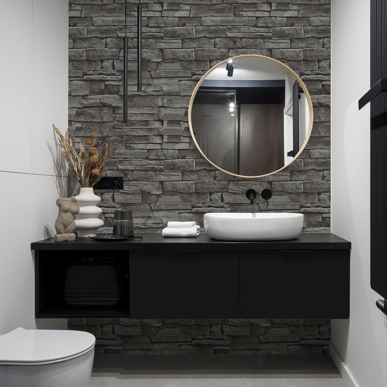 Hode Selbstklebende Tapete Steinoptik 44x600cm, Klebefolie Steinoptik Grau, Selbstklebende Folie Ziegel für Möbel Küche Schlafzimmer, Wandtapete Steintapete Backstein Wohnzimmer Wasserdicht – Bild 3