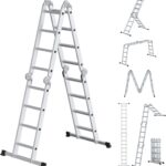 SONGMICS Leiter, Mehrzweckleiter, Trittleiter, Aluleiter, Haushaltsleiter, 4 x 4 Stufen, bis 150 kg, 16 Stufen, in 6 Positionen, 430 cm lang, silbern GLT046E01