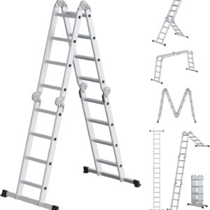 SONGMICS Leiter, Mehrzweckleiter, Trittleiter, Aluleiter, Haushaltsleiter, 4 x 4 Stufen, bis 150 kg, 16 Stufen, in 6 Positionen, 430 cm lang, silbern GLT046E01