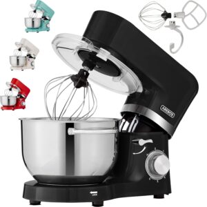 Arebos Küchenmaschine 1500W Schwarz | Knetmaschine mit 2x Edelstahl-Rührschüsseln 4,5 & 5,5L | Geräuscharm | Küchenmixer mit Rührhaken, Knethaken, Schlagbesen und Spritzschutz | 6 Geschwindigkeiten