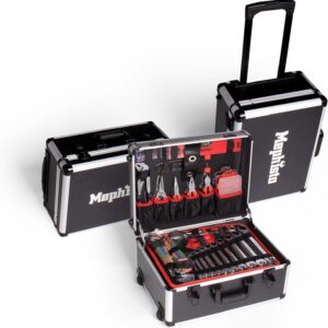 Mephisto Werkzeugtrolley Werkzeugkoffer mit Trolleyfunktion gefüllt mit Chrom-Vandium Werkzeug wie Ratschenschlüssel Set, Hammer, Werkzeugkasten Set insgesamt 299 tlg.