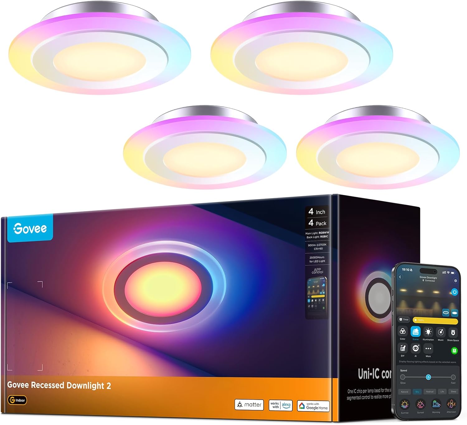 Govee Smart Einbaustrahler LED, RGBWW LED Spot 230V, 900LM, 11.5W Deckenspots Kompatibel mit Matter und Alexa, 2700K-6500K Dimmbare, 99mm Spots Deckenleuchte für Küche Wohnzimmer, 4 Stück