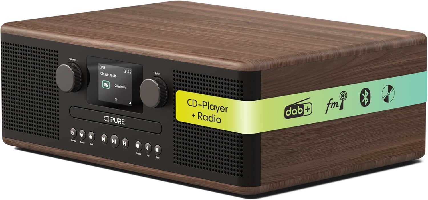 Pure Classic C-D6 CD-Player mit DAB+ Digitalradio & UKW, Bluetooth 5.3 Stereoanlage 2x15W, USB & AUX, 2,4 Zoll TFT-Farbdisplay, Fernbedienung, Kaffeeschwarz/Walnuss