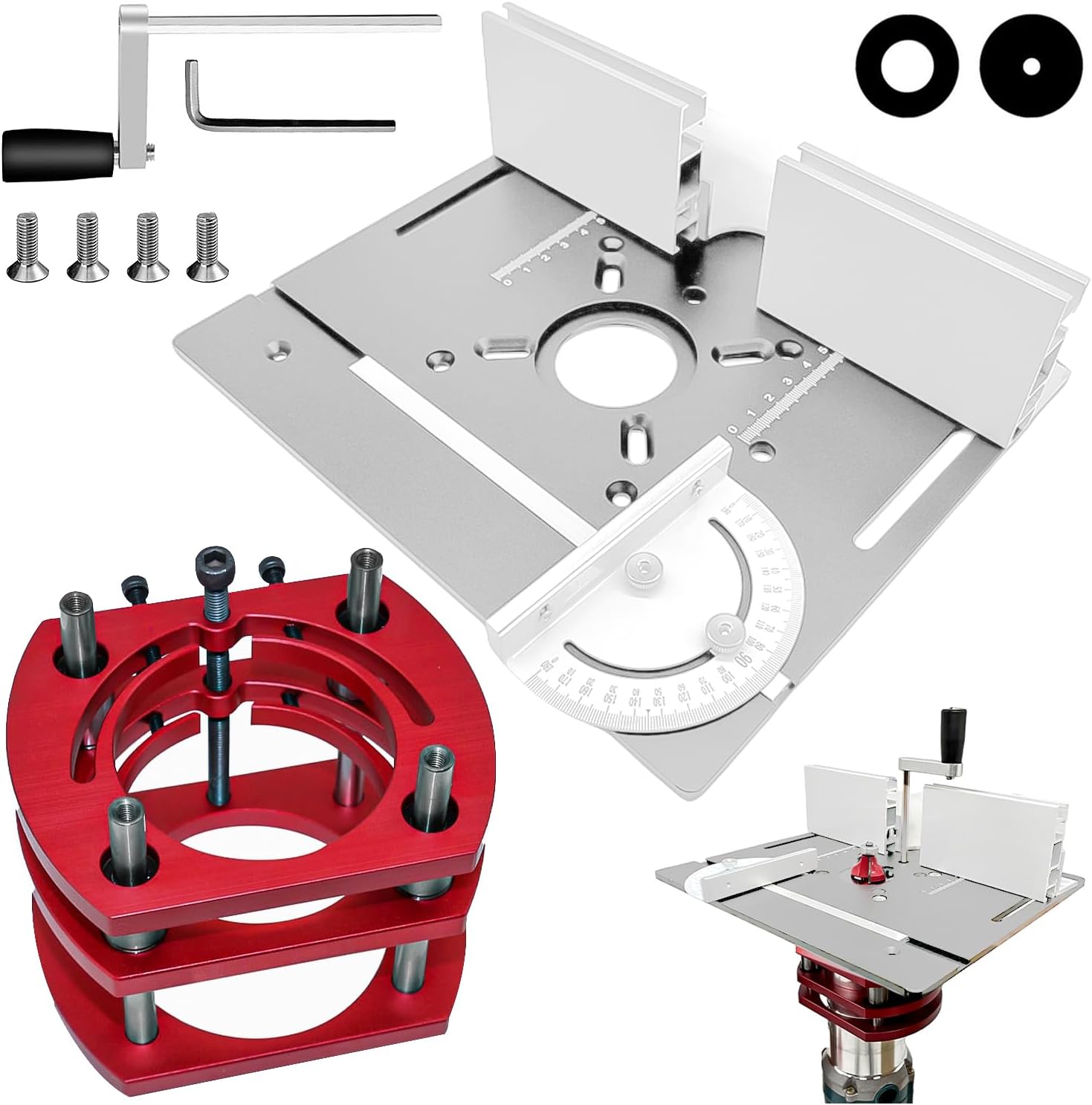 Frästisch für Oberfräse Einlegeplatte Set, OberfräSentisch und Tischfräsmaschine, Router Table, Planfräsvorrichtung, Maximum Lift 51mm, TischfräSe zum Nuten Zapfenschneiden BesäUmen(Silber+Rot)