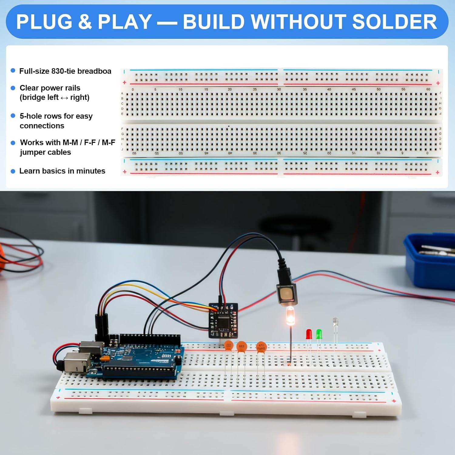 1530 Stück Elektronik Bauteile Kit 9 Arten mit Metallschichtwiderstand,kondensator,Diode,LED Leuchtdioden,Transistor,Dupont Wires,Jumperkabel und Steckbrett, Für UNO R3 – Bild 5