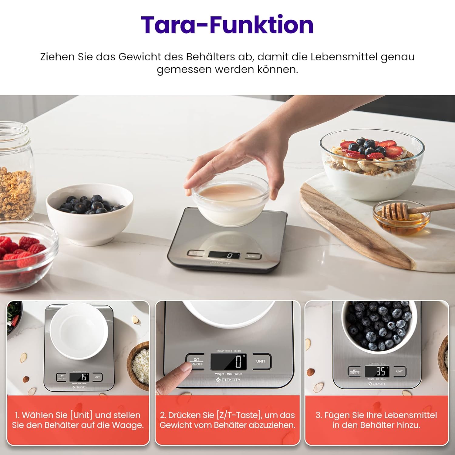 ETEKCITY Küchenwaage Digital - Edelstahl 304 - Lebensmittelgeeignete Waage Küche - Leicht zu Reinigen - Feinwaage mit Beleuchtetem LCD - Klare und gut Lesbare Kithchen Scale – Bild 5