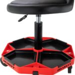 HASKYY Werkstatthocker mit Rückenlehne | Höhenverstellbar 43-58cm | Rollhocker bis 150kg belastbar | Werkstattsitz mit Ablagefächern | Praxis & Werkstatt Hocker mit 360° Rollen