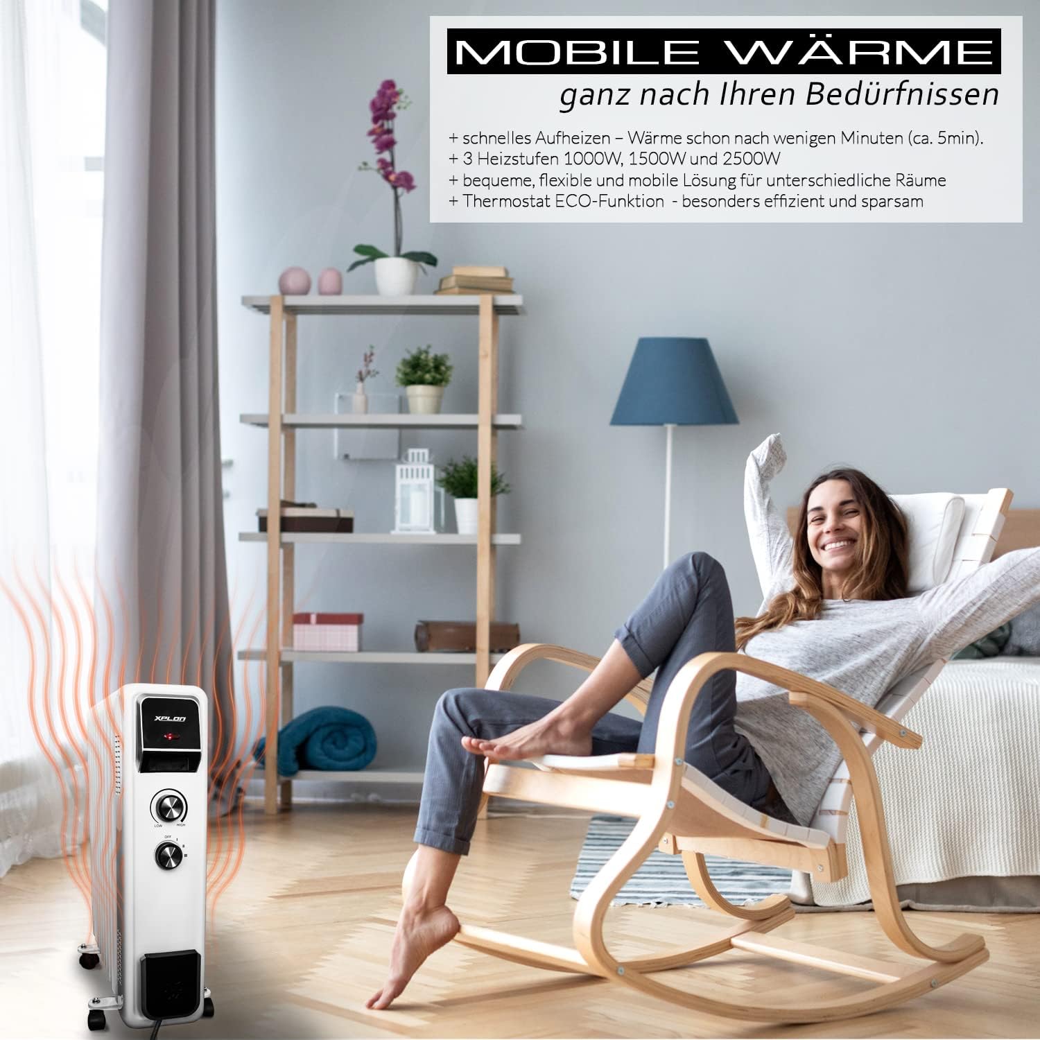 Ölradiator 2500 Watt mit 3 Heizstufen | Thermostat | 11 Rippen elektro Heizkörper | Öl Radiator energiesparend | Überhitzungsschutz | elektrische Heizung | ECO Mode | 1000 1500 (schwarz) – Bild 2