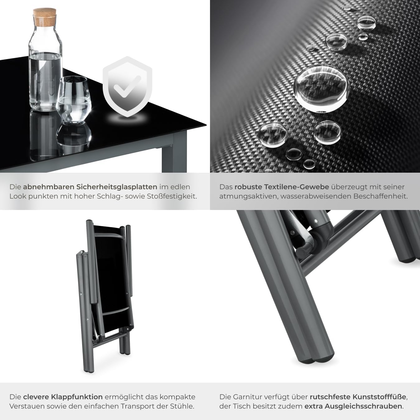 tectake® Sitzgarnitur Aluminium Klappstühle, Lounge Set mit 6X Stühle und 1x Glastisch Esstisch, Gartenmöbel Set wetterfest für den Balkon, Gartenstühle, Terrassenmöbel, Liegestuhl - anthrazit – Bild 5