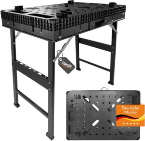 Lemodo Werkbank klappbar, mobiler Spanntisch mit Lochsystem und 4 Spannbacken, klappbarer Arbeitstisch aus Kunststoff mit Metallfüßen, bis 454 kg belastbar, für Heimwerker, Werkstatt und unterwegs