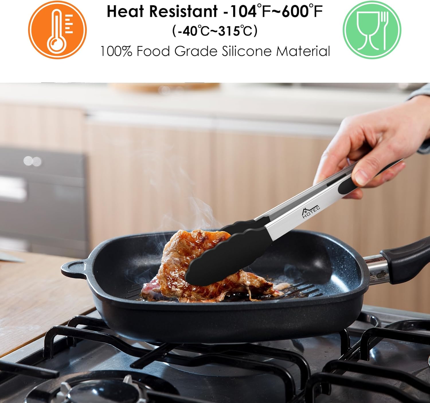 HOTEC Premium-Küchenzange aus Edelstahl, mit Verriegelung, Kochzange mit Silikonspitze, 2er-Set, 22,9 cm und 30,5 cm lange Zangen – Bild 2