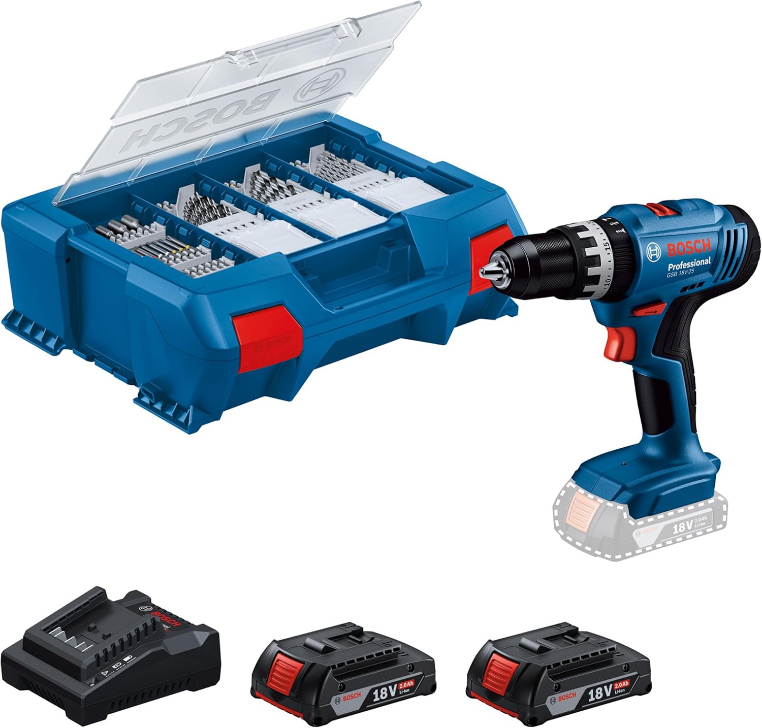 Bosch Professional 18V System Akku Schlagbohrschrauber GSB 18V-25 (max. Schrauben-Ø: 10 mm, inkl. 2x GBA 2.0 Ah, GAL 18V-20, 63-tlg. Zubehör-Set, L-Case Pick & Click)