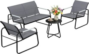 Outsunny Gartenmöbel Set Sitzgruppe für 4 Personen Atmungsaktiv Gartenlounge mit 2er Sofa 2 Sessel Seilflecht Rund Tisch Fußpads, Wetterfest Outdoor Balkonmöbel Terrassenmöbel für Garten Balkon Grau