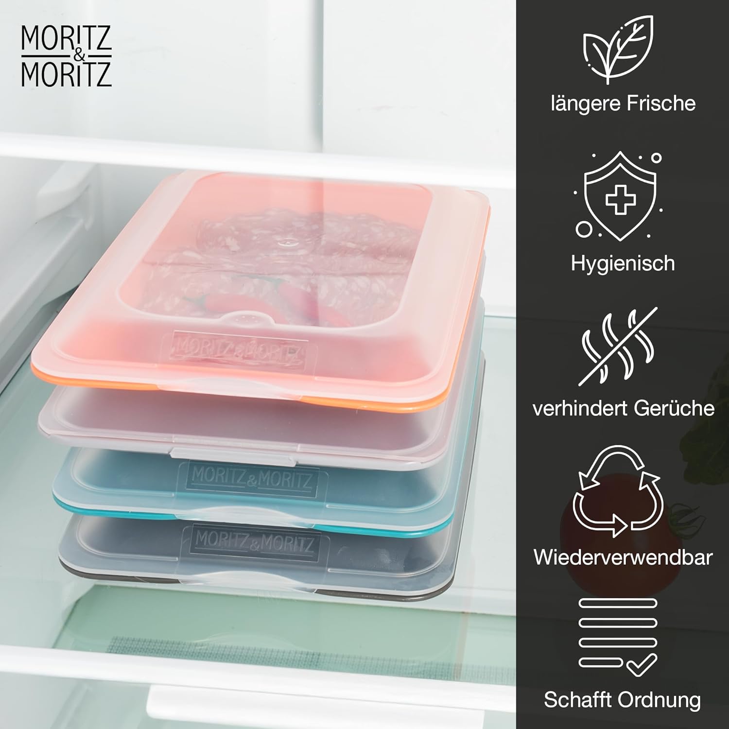 Moritz & Moritz 4er Set Aufschnittbox stapelbar – Frischhaltedosen mit Deckel zur Aufbewahrung von Wurst, Käse, uvm. – inkl. Tafelsticker zum Beschriften – Bild 3