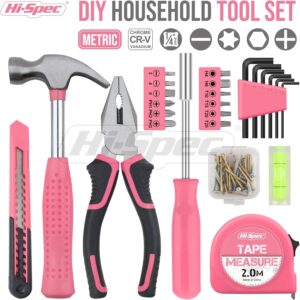 Hi-Spec Werkzeugset in Pink für Frauen - Komplettset für Heimwerkerinnen mit Hammer, Zange, Schraubendreher, Bits, Maßband und Wasserwaage - Ideal für Haushalt und Geschenk