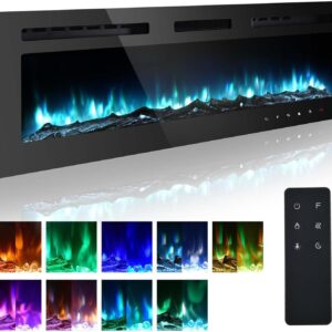 M.C.Haus Ultradünner Elektrischer Kamin, Geräuscharm, 12 Verschiedene Flammen, Versenkte Wandmontage, Glas-Touchscreen und Fernbedienung, mit Kristall und Holzscheit(178cm/70inch, Schwarz)