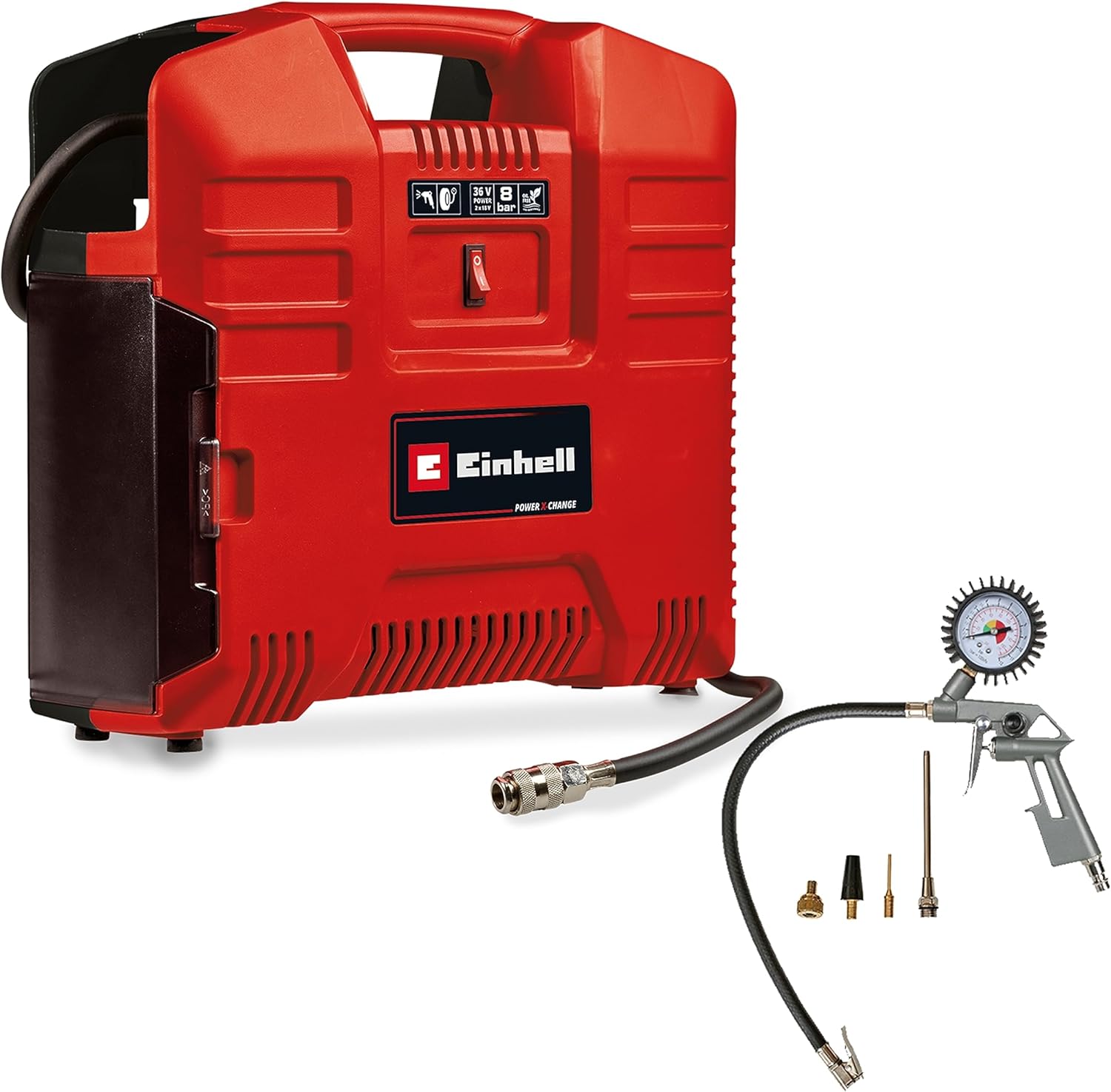 Einhell Akku-Koffer-Kompressor TE-AC 36/8 Li OF Set-Solo Power X-Change (36 V, max. 8 bar, ölfrei, Ansaugleistung 130 l/min, inkl. 3-tlg. Adapter-Set, ohne Akku & Ladegerät)