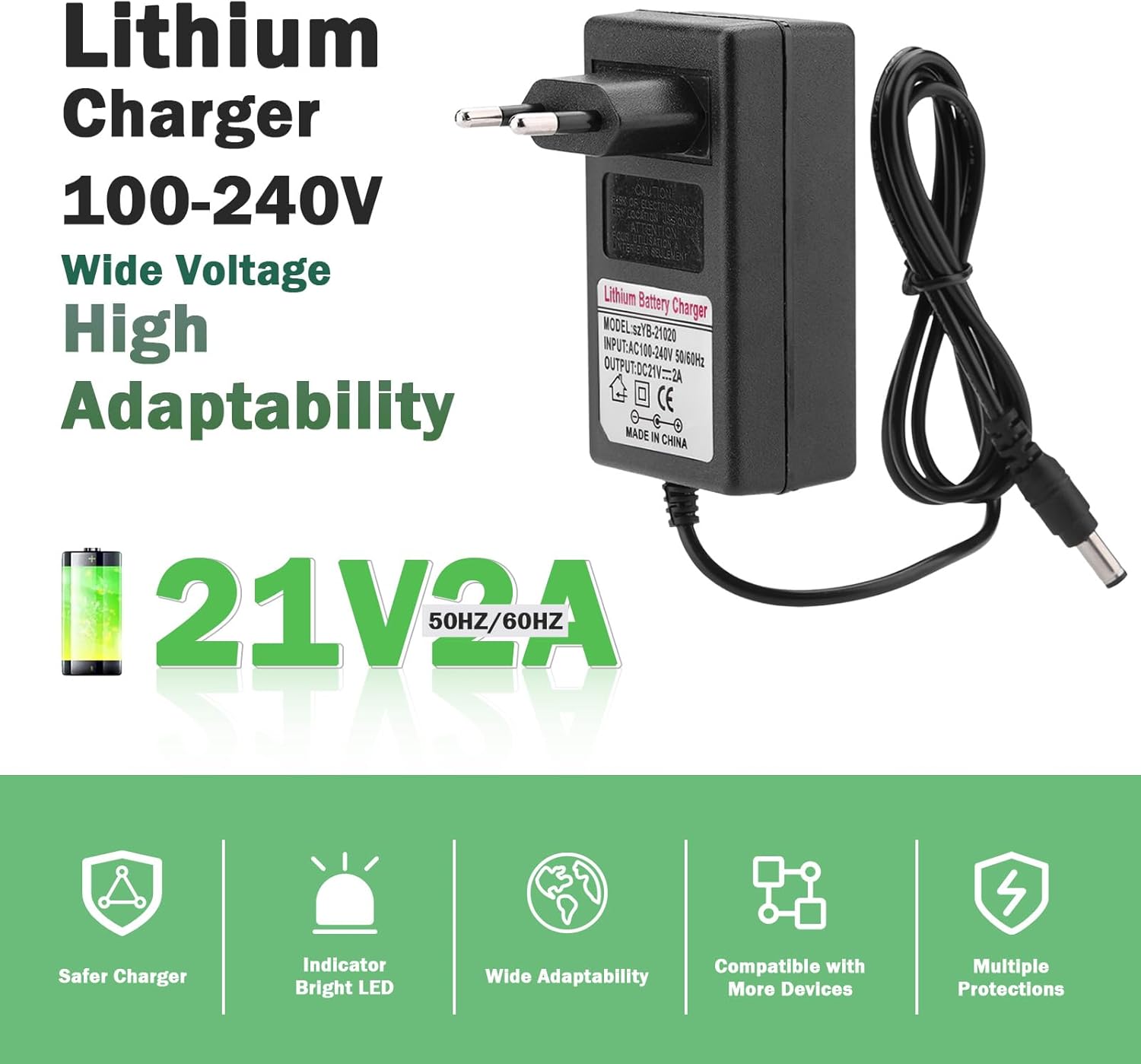 Lithium-IonenNetzteil, Wechselstrom 100-240 V DC 21 V 2A Ersatzladegerät Netzteil, professionelles Adapter-Ladegerät, Mehrfachschutz(EU) – Bild 2