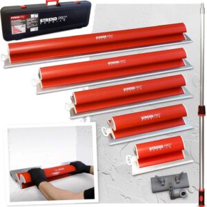 STREND PRO Flächenspachtel Set PREMIUM V2 | inkl. Fassadenspachtel 1000mm, 800mm, 600mm, 400mm, 250mm Glättspachtel, Teleskopgriff, Transportkoffer | PROFI Z Spachtel Set für Trockenbau, Verputzer