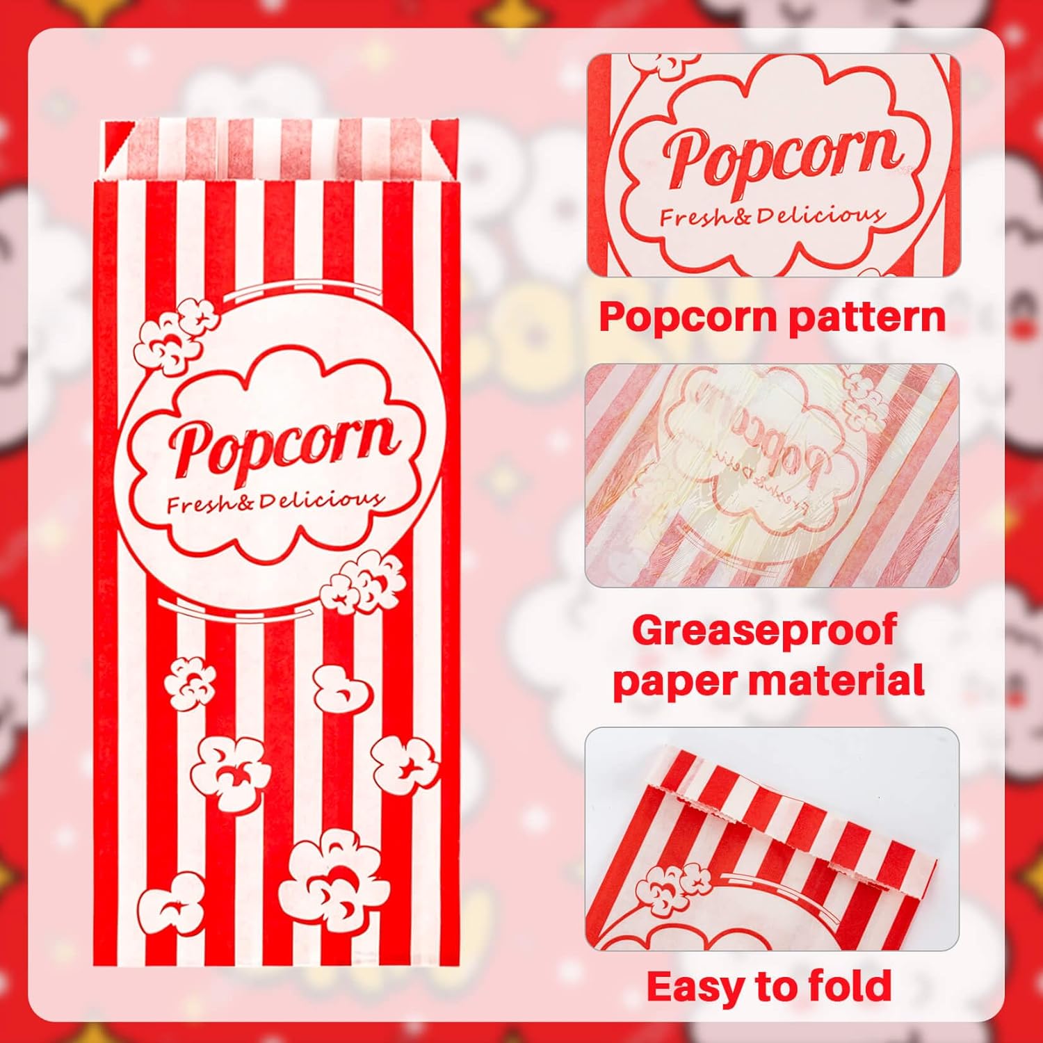 MAQIHAN Popcorn Tüten 100 stück - Popcorntüten Popcorn Klein 100 Stück Movie Night Filmabende Tüten Maschinen Papiertüten Zubehör Popcornmaschine Papier Behälter Snacktüten – Bild 3