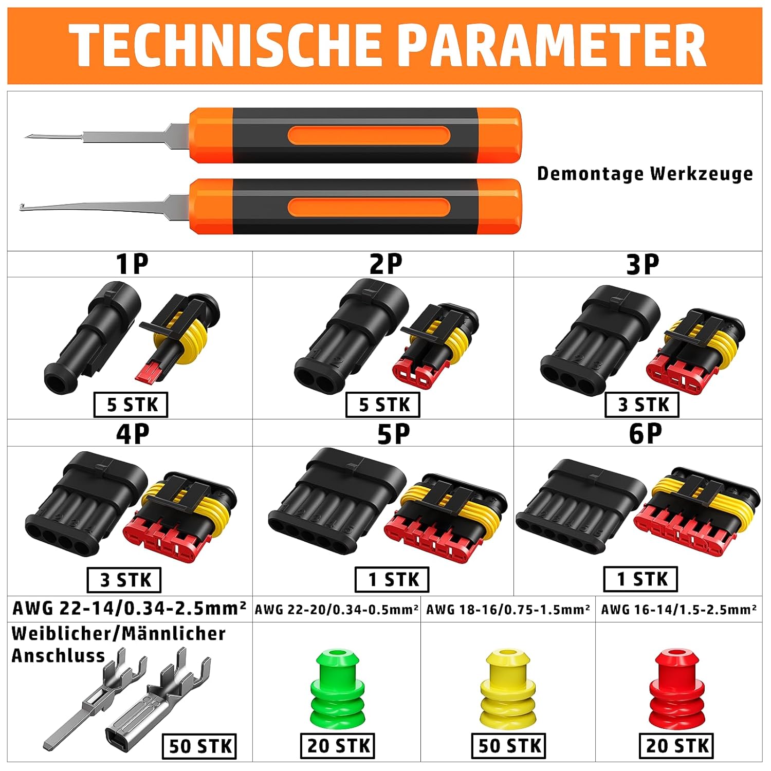 PEBA Crimpzange Wasserdicht Kfz Stecker Set, Crimpzangen 0.34-2.5mm², 1/2/3/4/5/6 Polig Steckverbinder für Auto und Motorrad,Boot, mit Abisolierzange, Abziehwerkzeug – Bild 5