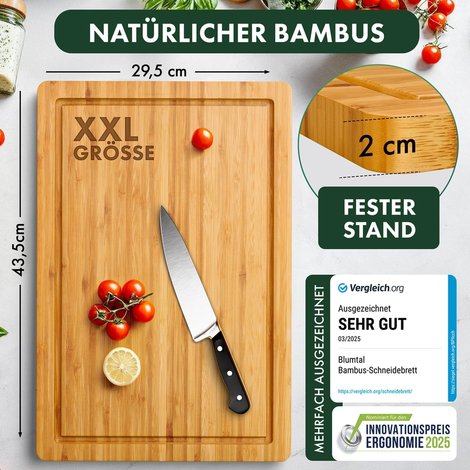 Blumtal Schneidebrett aus 100% Bambus - antiseptisches Holz-Brett mit Saftrille, Holz-Brettchen, 45x30x2cm 2 Blumtal Schneidebrett aus 100% Bambus - antiseptisches Holz-Brett mit Saftrille, Holz-Brettchen, 45x30x2cm – Bild 2