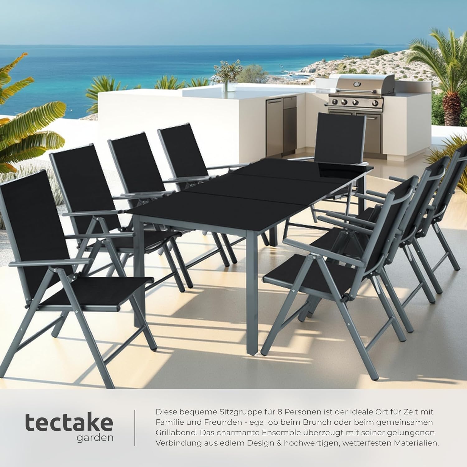tectake® Aluminium Sitzgruppe 8+1, Gartenmöbel Set mit Stuhl und Tisch, klappbare Gartenstühle, Gartentisch mit Sicherheitsglas, wetterfeste Terrassenmöbel, für Garten Terrasse Balkon - anthrazit – Bild 4