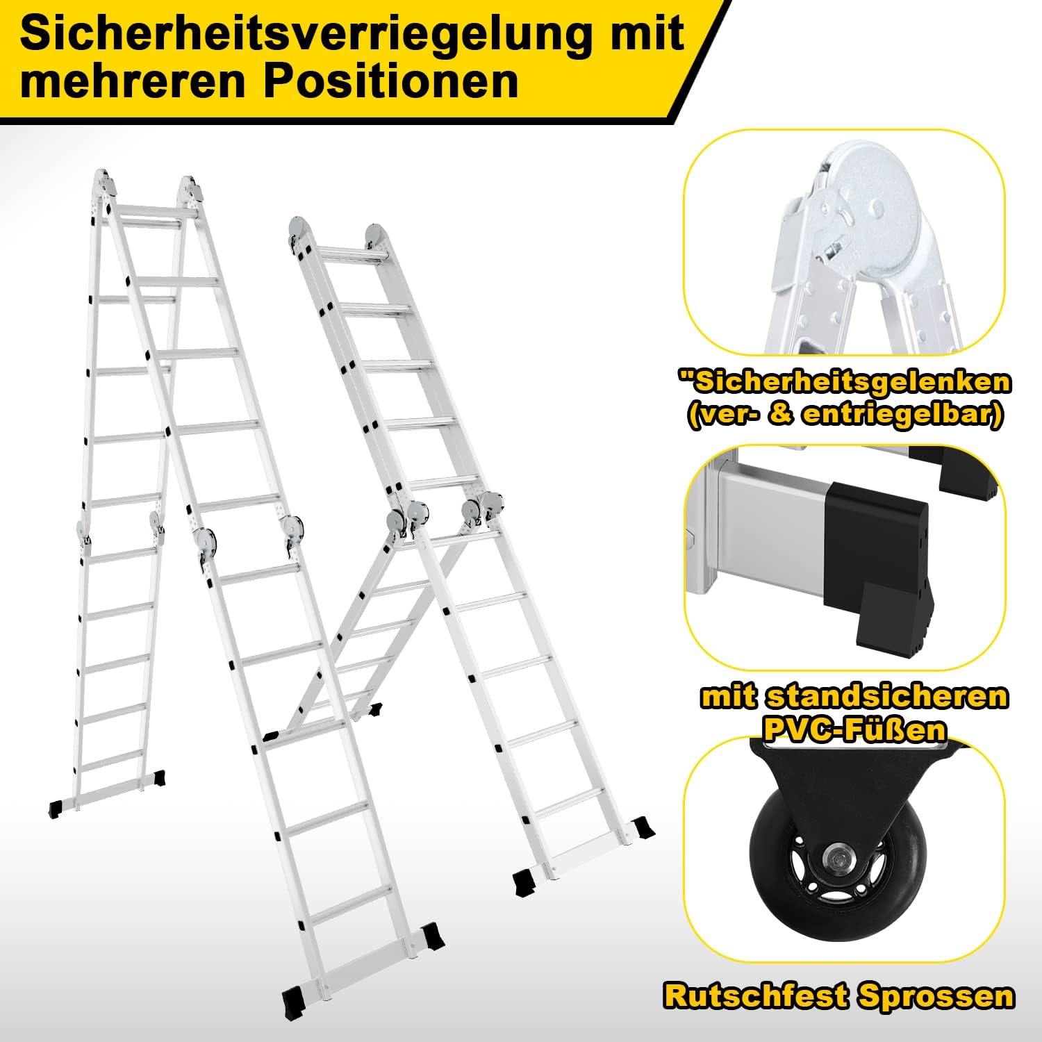 Mehrzweckleiter 4x5, 7in1 Multifunktionsleiter 582CM Alu Vielzweckleiter Klappleiter mit 2 Plattform und Räder, Haushaltsleiter Max Belastung 150kg, Multifunktionsleiter 20 Sprossen – Bild 4