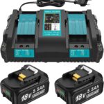 DC18RD 18V Ladegerät + 2 Stück 5,5Ah Ersatzakku Kompatibel mit Makita Akku und Ladegerät, 18V ErsatzAkkus BL1860B BL1850B BL1860 BL1850 BL1840