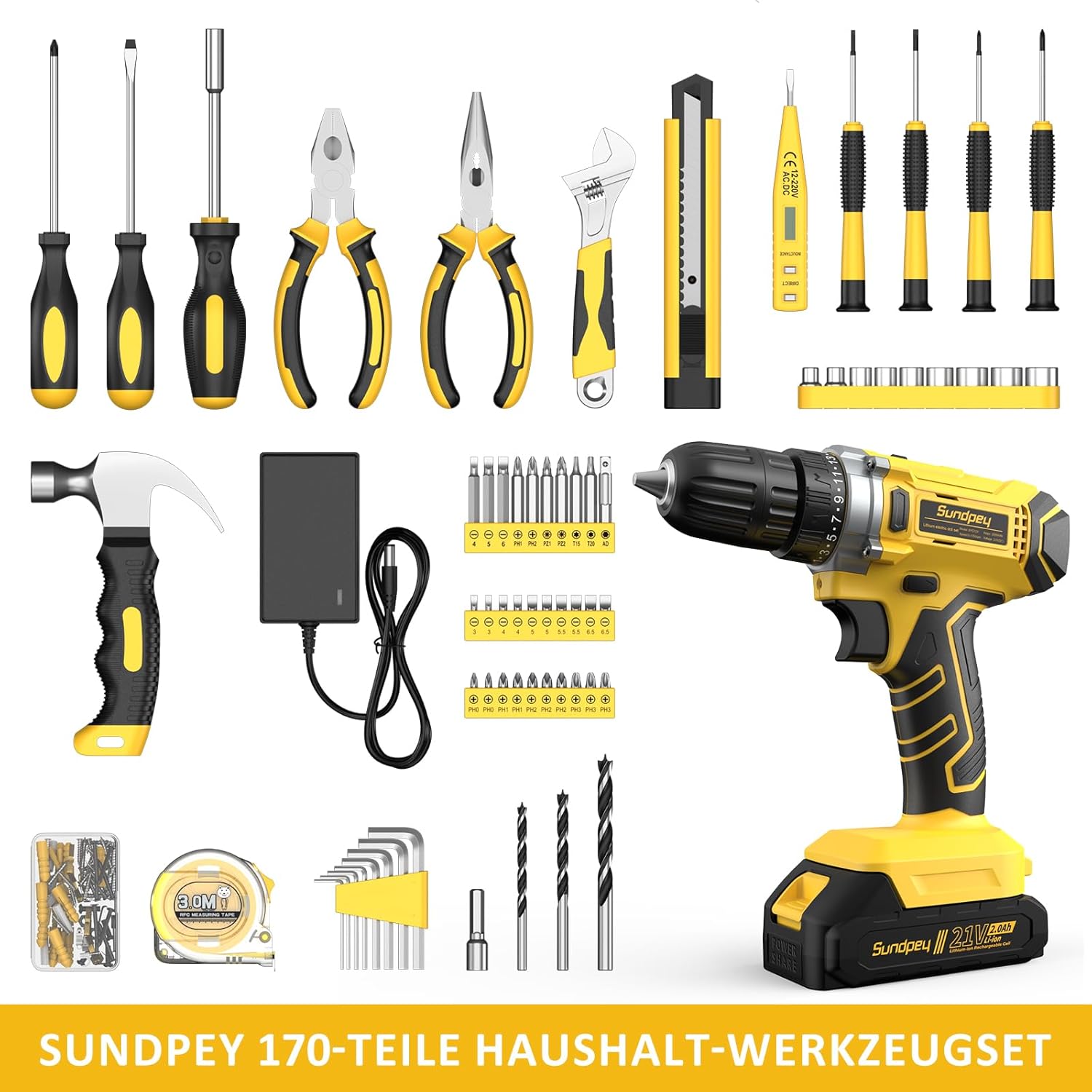 Sundpey Werkzeugkoffer Gefüllt 170tlg mit Akku Bohrschrauber Set, 21V Akkuschrauber mit 2.0 Ah Akku, Universelles Basic Heimwerkzeug im Werkzeugkasten für Haushalt, Bohrungen, Reparaturen, Heimwerker – Bild 2