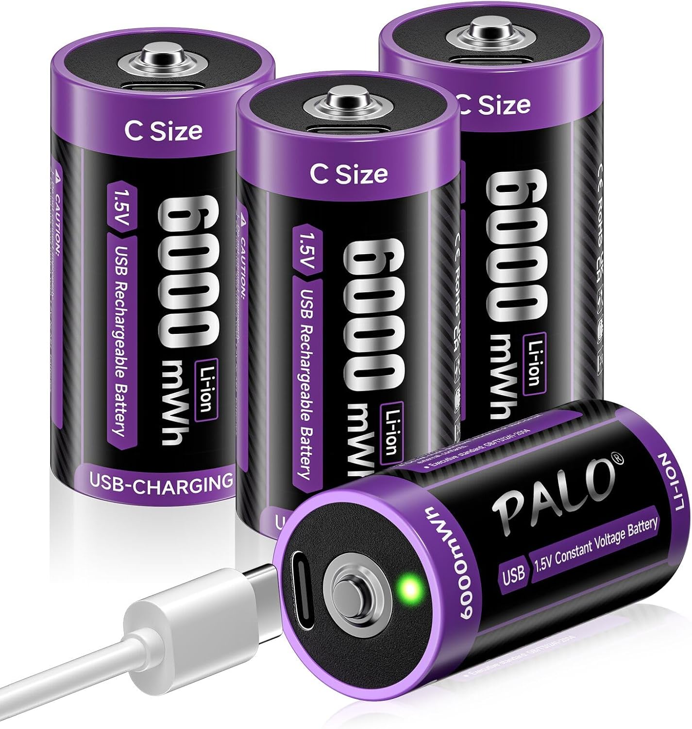 USB-C Baby C Akku Wiederaufladbar LR14 Akku 1,5V 6000mWh Lithium Schnellladung Typ-C mit Ladekabel, Geringe Selbstentladung, 1500+ Zyklus, mit Ladelicht, 4 Stück C Batterien