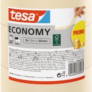 tesa Malerband ECONOMY - Vielseitiges Klebeband für Malerarbeiten ohne Lösungsmittel - Bis zu 4 Tage nach Gebrauch rückstandslos entfernbar, 3x 50 m x 50 mm