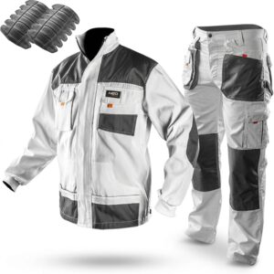 NEO TOOLS Profi Arbeitshose/Profi Set (Hose, Jacke, Knieschutzpolster) weiß | Sicherheitshose Arbeitskleidung Berufsbekleidung Bundhose Malerhose Hose S-XXL
