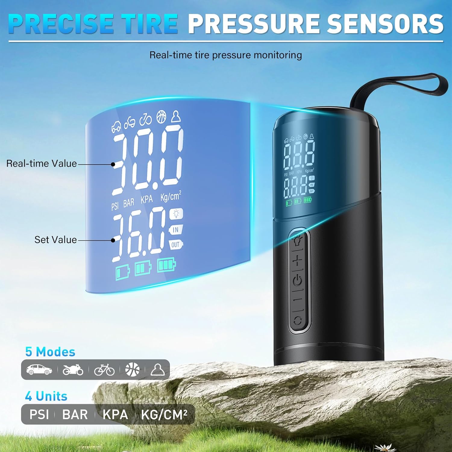 Elektrische Luftpumpe, Akku Kompressor 150PSI Tragbare Fahrradpumpe mit LED-Anzeige & LED-Licht für Auto, Motorrad, Roller, Fahrrad, Bälle – Bild 3