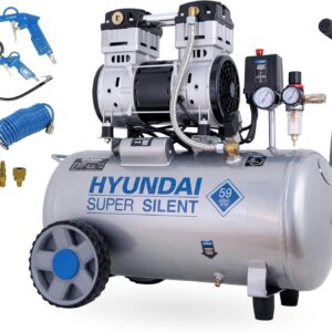 HYUNDAI Silent-Kompressor SAC55753 SET | 50L Kessel, 8bar, ölfrei | 1.5kW / 2.0PS | Ansaugleistung 232 L/Min | Öl-Wasserabscheider | 59dB Luftkompressor leise, Flüster-Kompressor | mit Zubehör